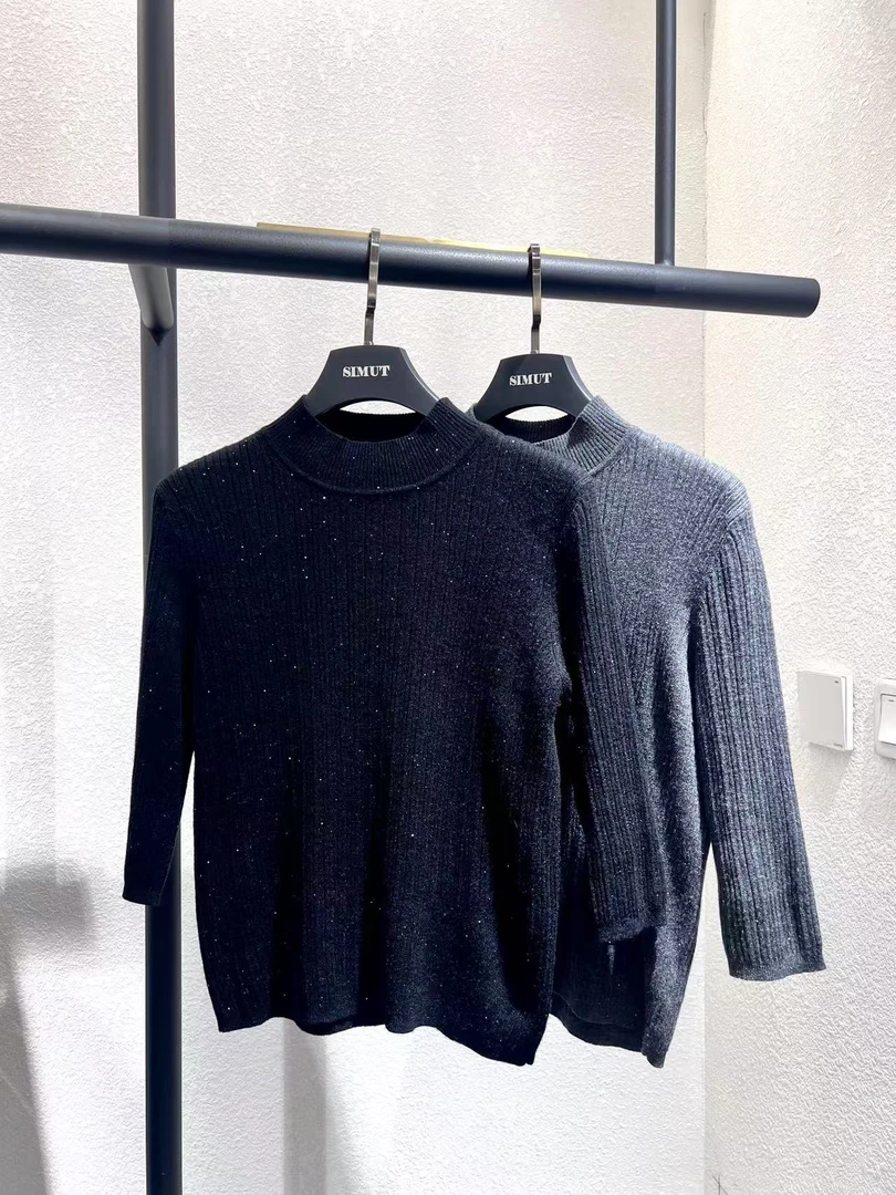 半高领亮片弹力打底针织衫黑灰毛衫