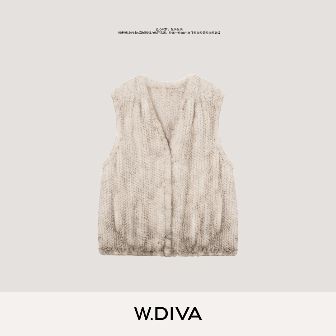W.Diva【弥月】进口水貂马甲麦穗编织纯手工皮草背心V领女54C212984