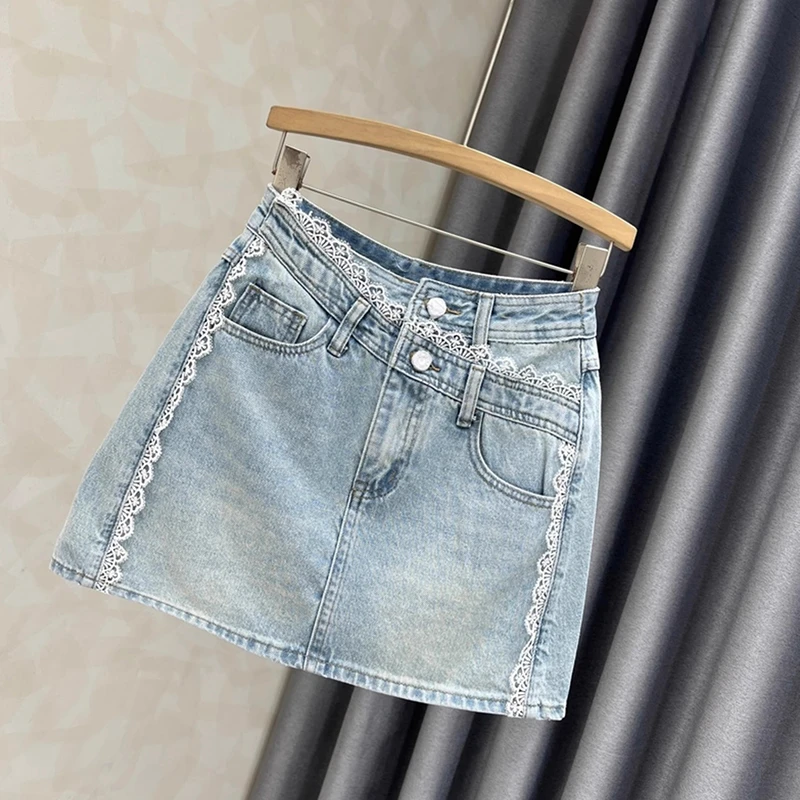 蕾丝拼接复古牛仔短裙女2025春夏新款不规则高腰a字包臀半身裙子
