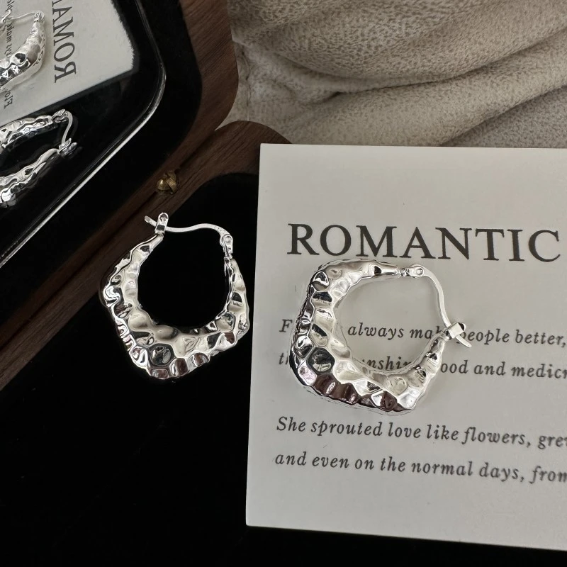 925银耳饰 韩版小众设计感空心褶皱纹理耳扣耳环简约复古耳圈百搭