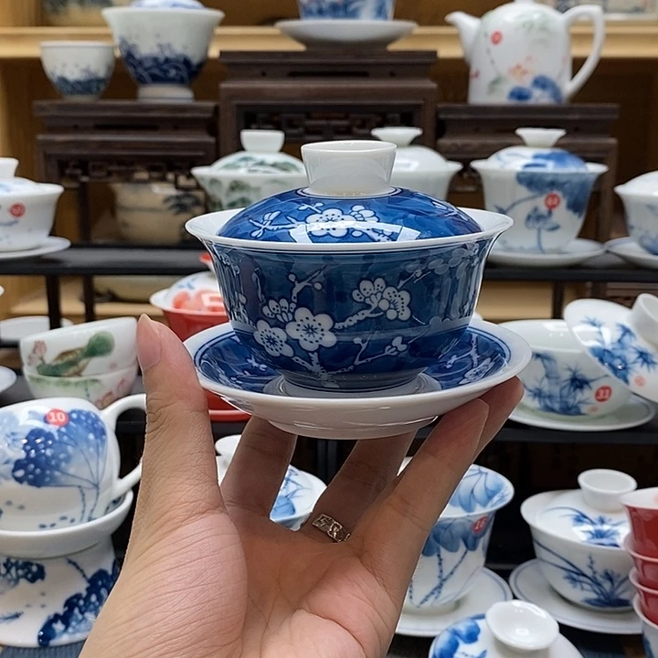 手绘冰梅三才盖碗150釉下彩高温瓷微瑕福利款