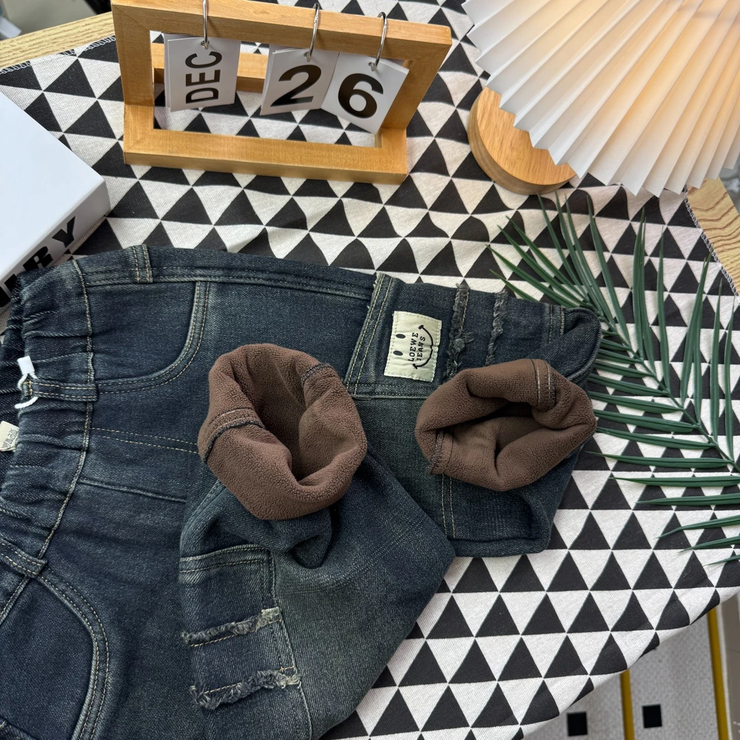 男童裤子秋冬款宝宝牛仔裤新款冬季童裤小童冬装休闲一体绒笑脸