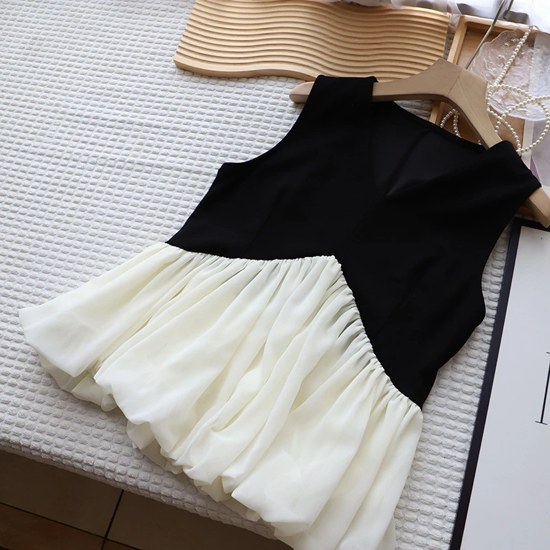 夏季新韩版V领时尚拼色显瘦百搭无袖背心衬衫上衣蕾丝气质洋气