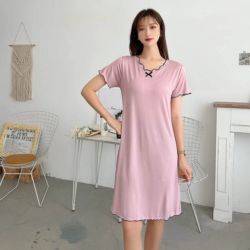 莫代尔连衣裙女夏薄款短袖a字裙中长款家居休闲裙木耳边宽松睡裙