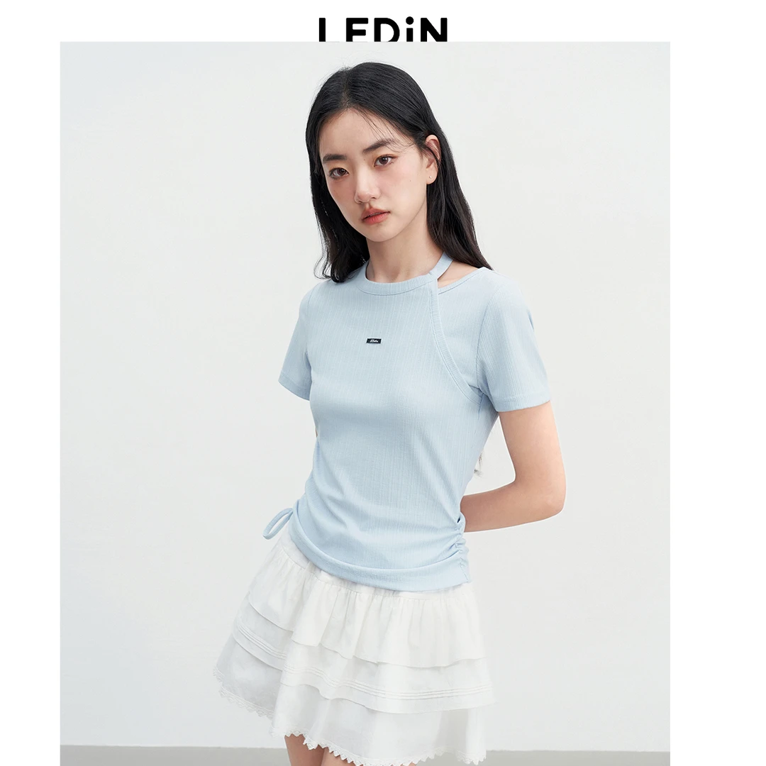 乐町25新品夏季女装休闲圆领镂空设计感女款修身T恤夏时尚百搭