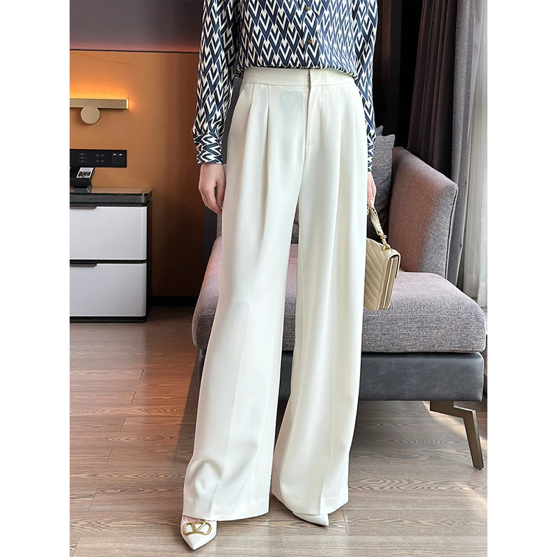 左左家 高级洒脱~高腰垂顺肌理感醋酸阔腿裤女春休闲百搭直筒长裤