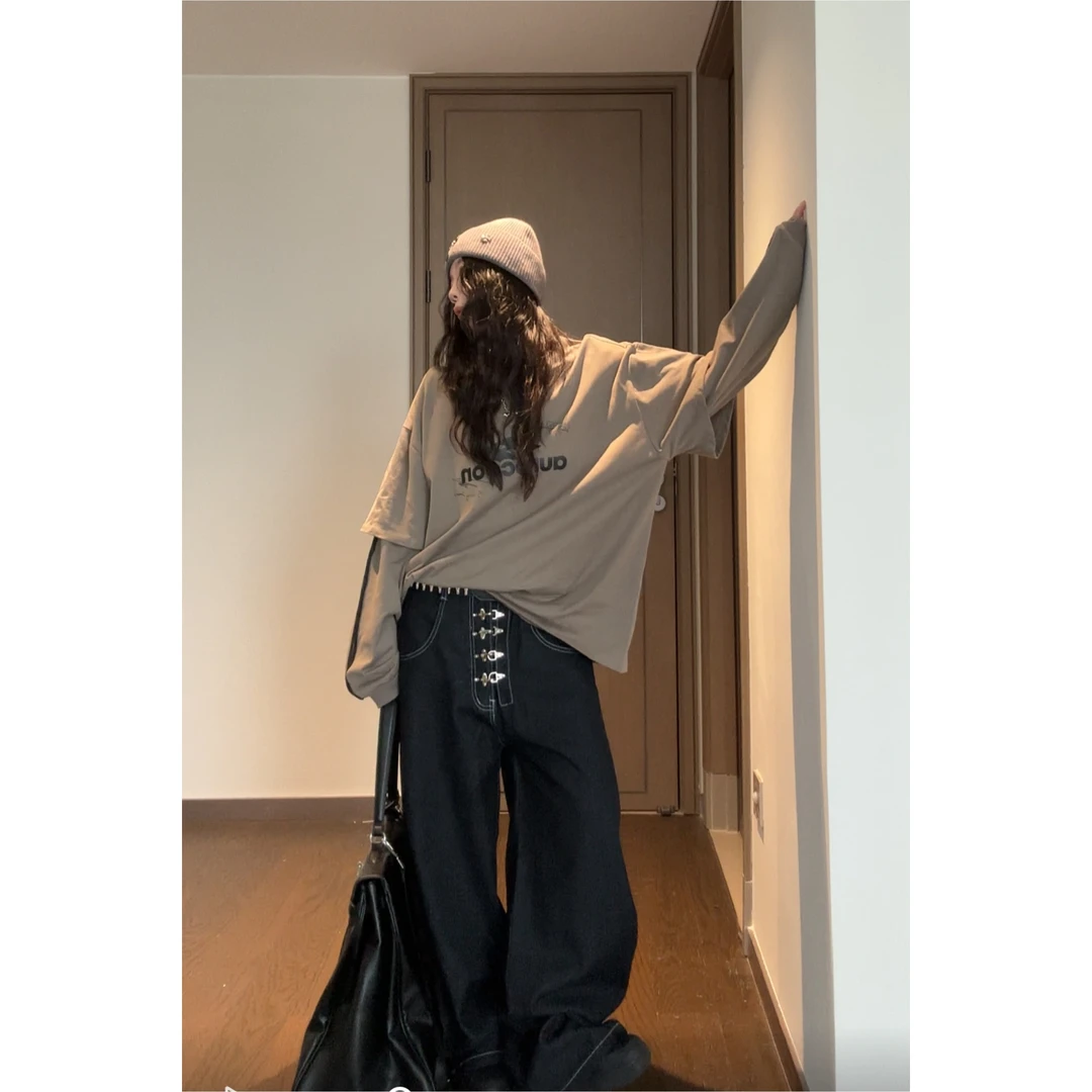 排扣复古飞机扣廓形弯刀牛仔裤男女街头设计感宽松阔腿长裤潮