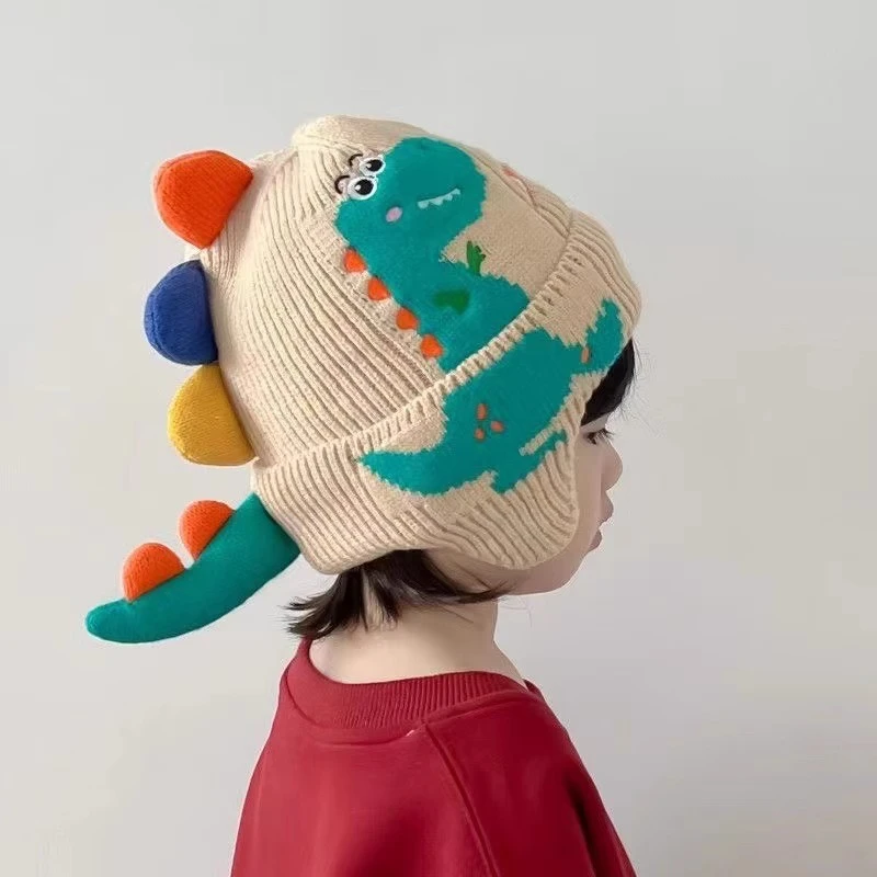 小恐龙卡通护耳帽男针织帽秋冬儿童女防风毛线帽头部防护用品wei