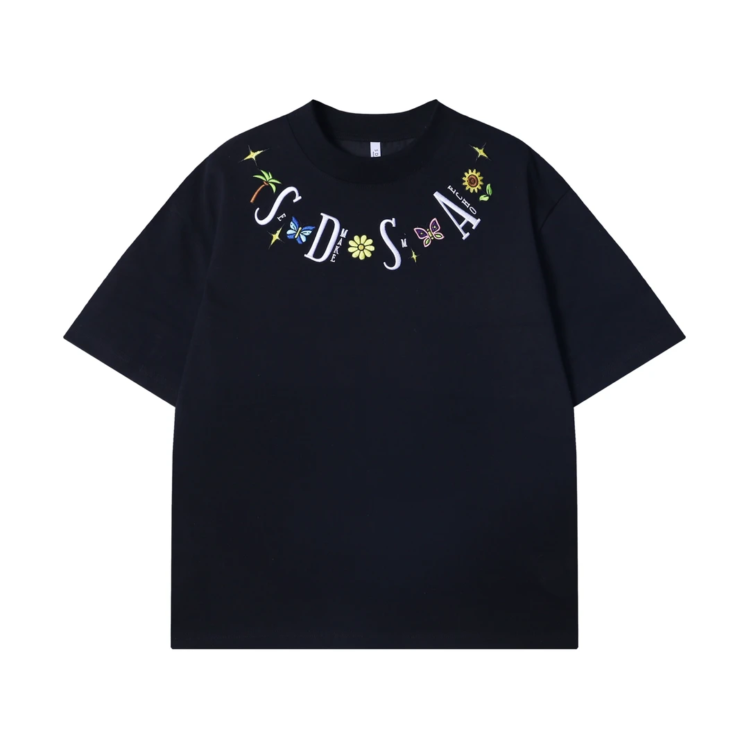 夏季高级感新款潮牌刺绣字母扎染圆领短袖T恤休闲百搭情侣上衣