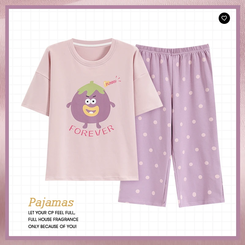 啄木鸟7A抗菌防螨睡衣女款100%纯棉短袖七分裤夏季空调房宽松大码