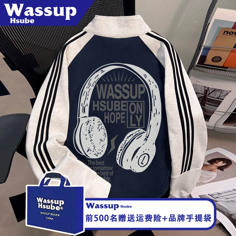WASSUP HSUBE秋季街头开衫男女款三条杠外套潮牌耳机印花拉链卫衣