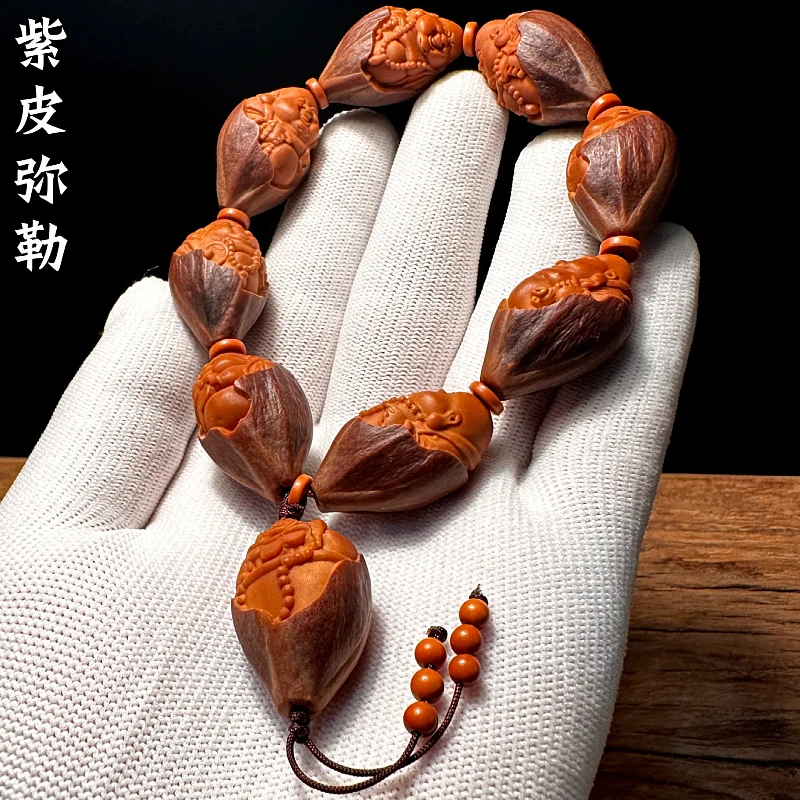 八宝弥勒佛紫皮橄榄核手串男士款高端原皮原色原生态核雕八大弥勒