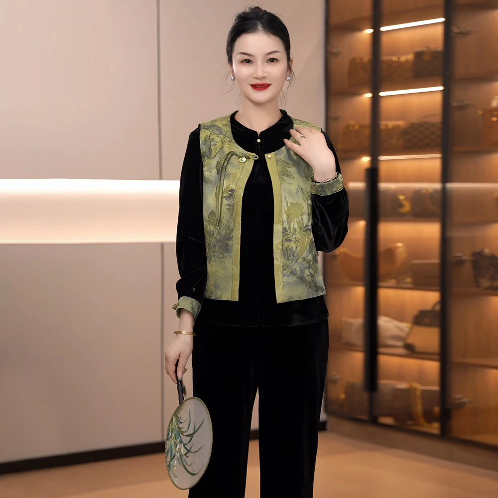 江南妈妈装国风水墨气质套装中老年贵妇马甲洋气春季新中式三件套