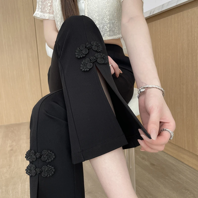 2025新中式国风微喇裤新款大码裤子高腰显瘦简约百搭直筒喇叭裤