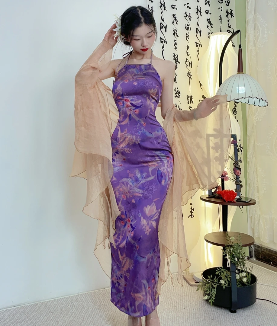 秋辞香~葡萄青肚兜自制国风系带改良连衣裙旗袍