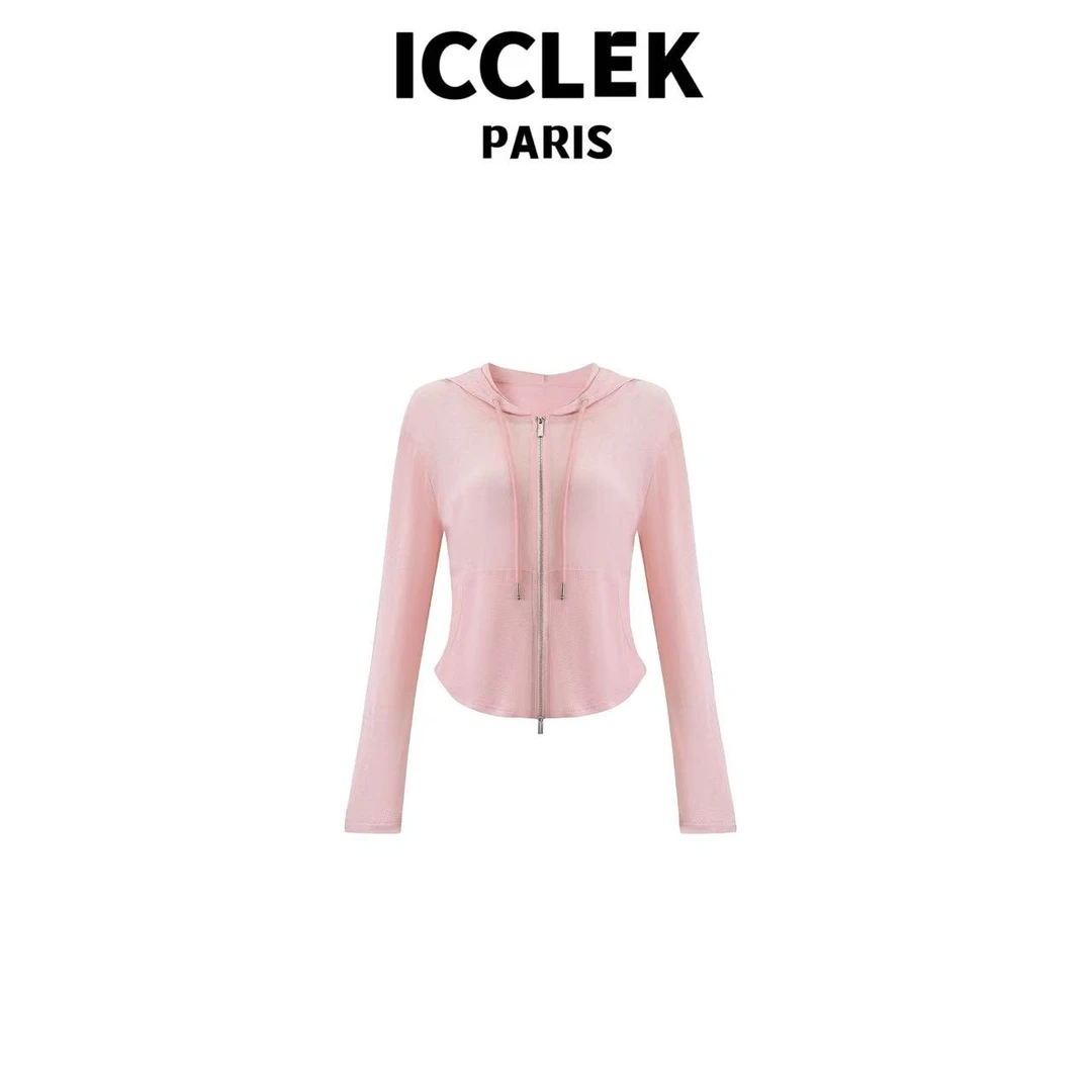ICCLEK 早春秋粉色连帽纯色防晒拉链长袖薄减龄百搭显瘦外套-5386