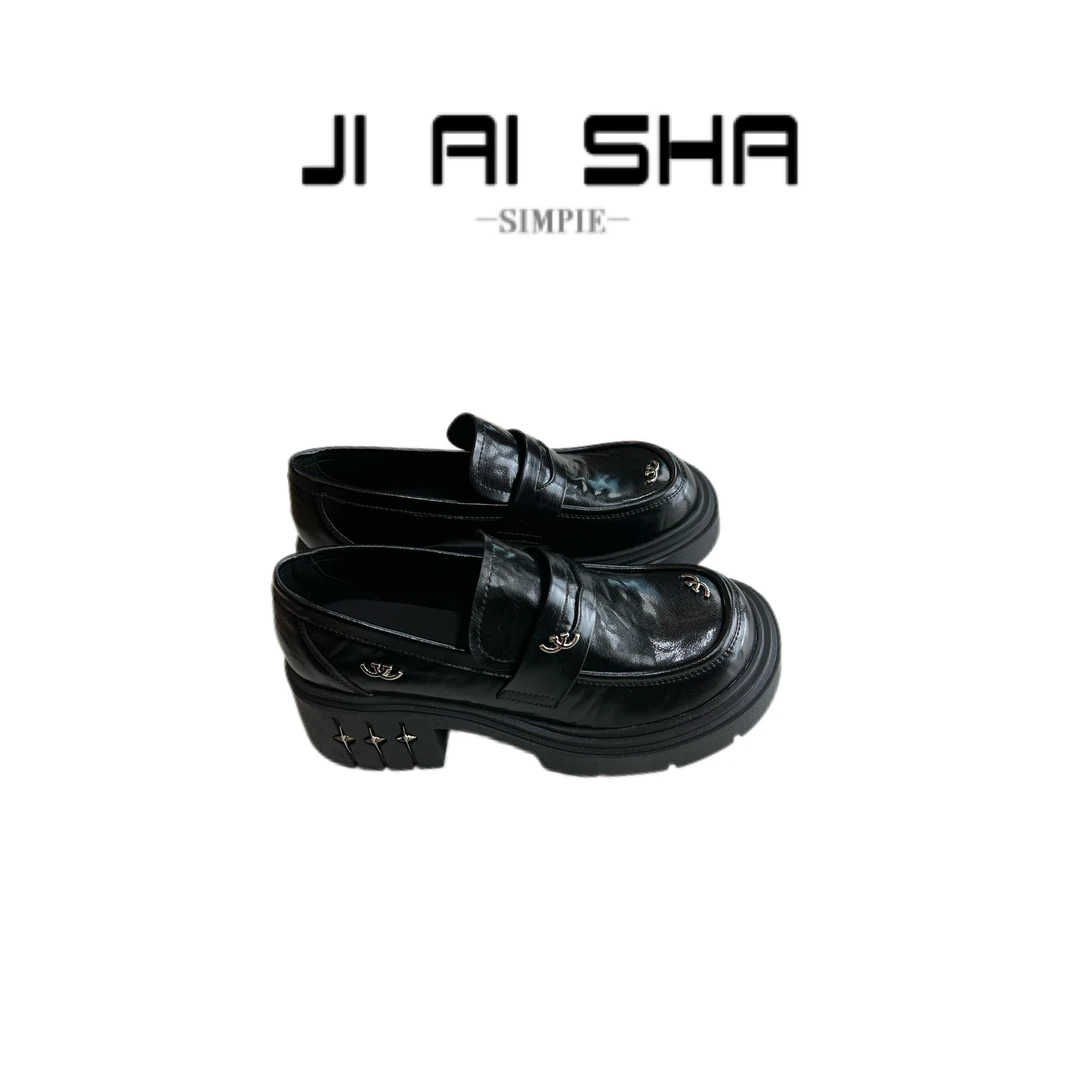 【小法】百搭时尚黑色复古英伦风厚底乐福鞋010059