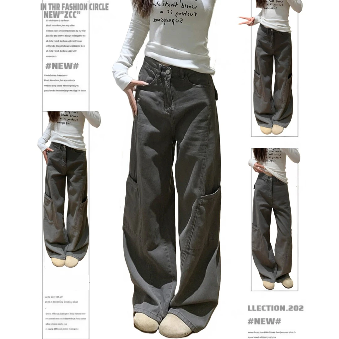 复古灰色工装阔腿牛仔长裤2025春秋高腰休闲宽松直筒拖地裤子