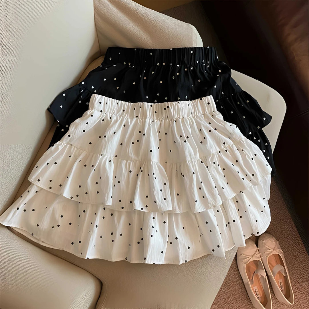 2025夏季新款高腰松紧腰波点显瘦蛋糕裙a字半身裙大摆短裙小个子
