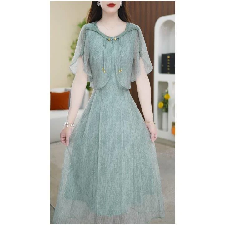 【连衣裙】夏季新款V领减龄优雅时尚显瘦中长款连衣裙M-4XL