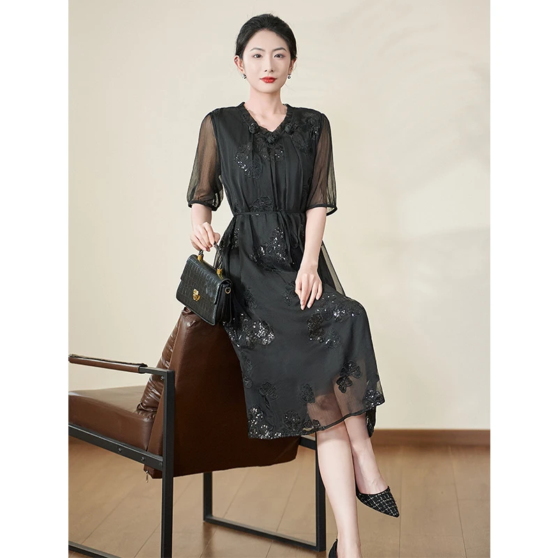 迪欧芙2025秋季刺绣连衣裙时尚旗袍女装复古提花收腰#XLQ18200