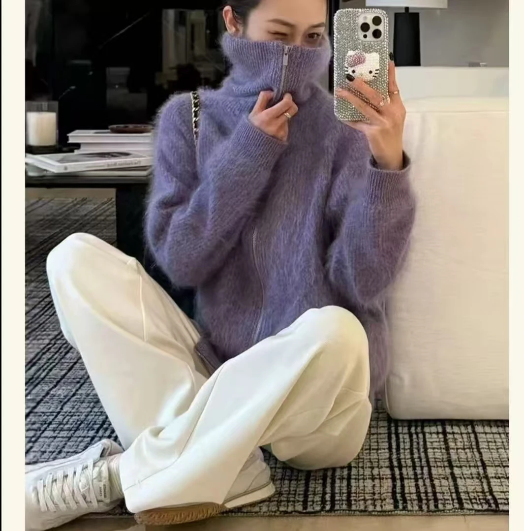 2025秋冬新款100%拉绒山羊绒双拉链韩版简约百搭显瘦羊绒衫女
