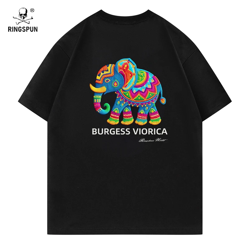 RINGSPUN【七彩大象】重磅刺绣可变色潮牌 圆领休闲短袖T恤男女同款