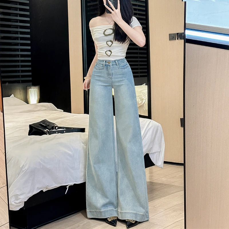 浅蓝色微喇牛仔裤女2025秋季新款高腰显瘦修身辣妹小个子时尚百搭