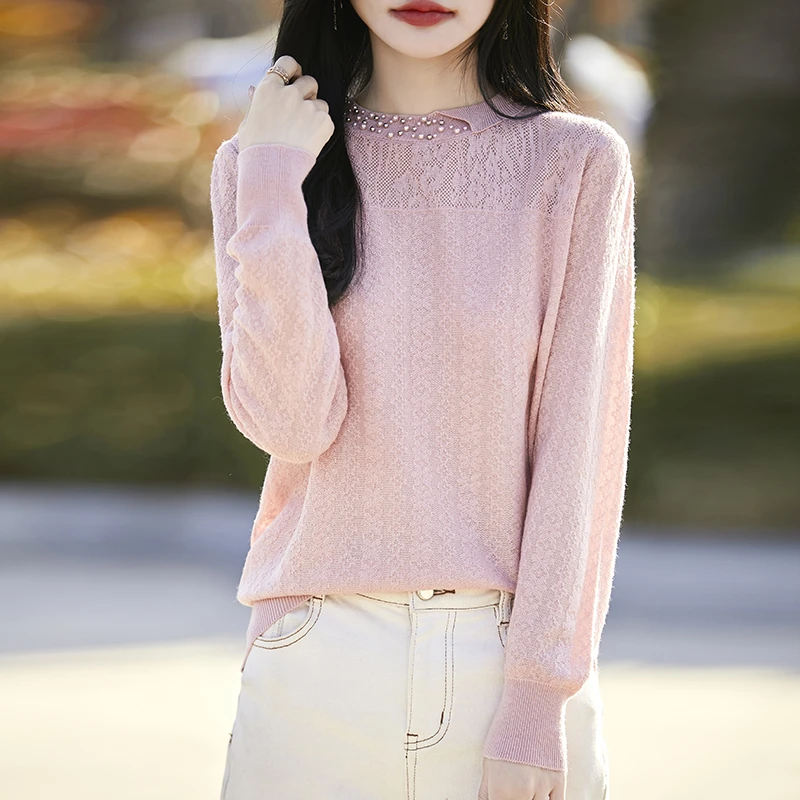 早春简约新款圆领钉珠羊毛针织衫女纯色提花显瘦减龄毛衣打底衫