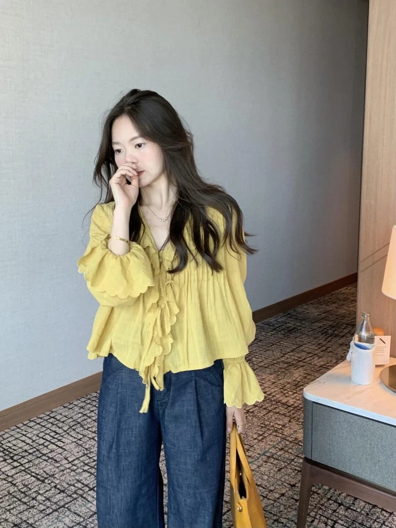 2025春夏新款设计感黄色法式荷叶边长袖衬衫女气质宽松显瘦上衣