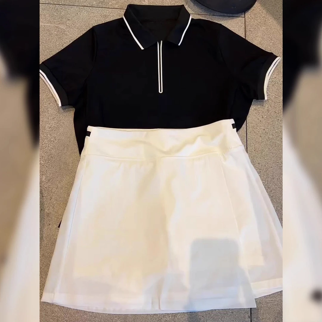 现货当天发韩版洋气运动款黑色上衣白色短裤女夏日常百搭气质套装