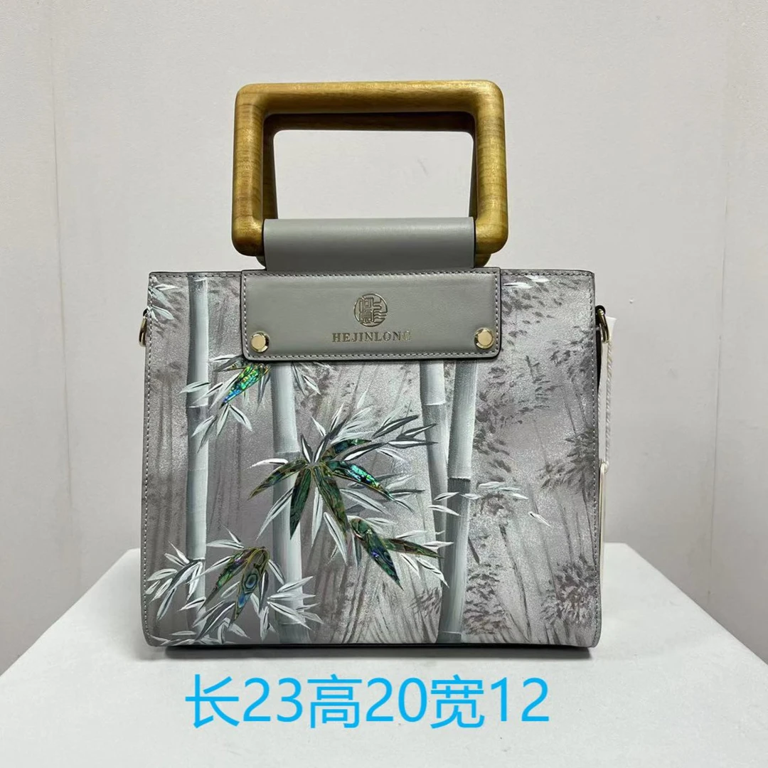 螺钿手绘竹子戴妃头层牛皮手提包中号