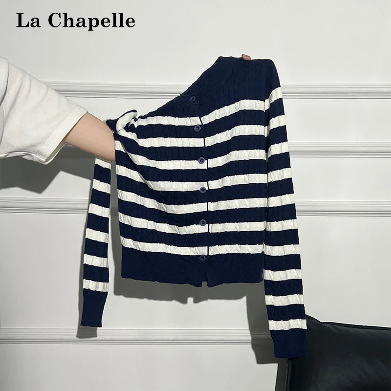 拉夏贝尔慵懒风撞色条纹单排扣圆领针织长袖开衫女秋季宽松小上衣
