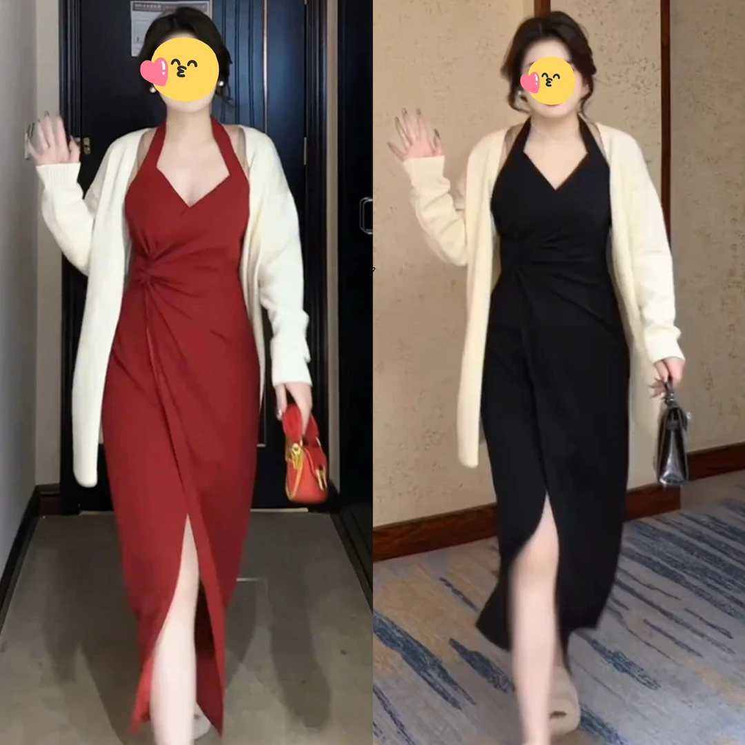 大码新中式复古挂脖内搭打底连衣裙女秋冬胖mm针织毛衣显瘦两件套