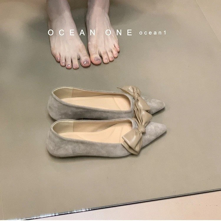 尖头蝴蝶结绒面低跟气质浅口单鞋女2025秋季新款百搭一脚蹬通勤鞋
