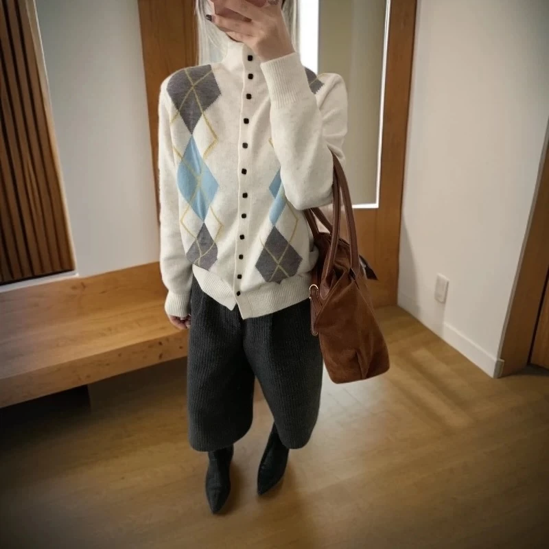 撞色宽松型冬季针织拼色针织衫格子格纹韩版毛针织衫