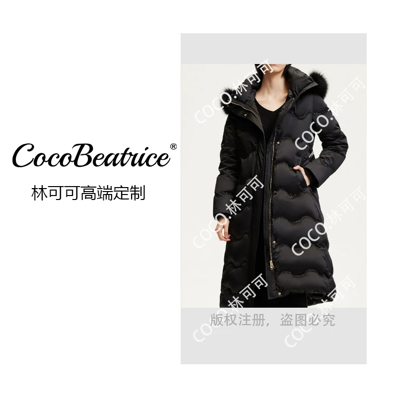 【CoCo林可可】羽绒服女千金风中长款拉链高充绒黑色刺绣保暖连帽