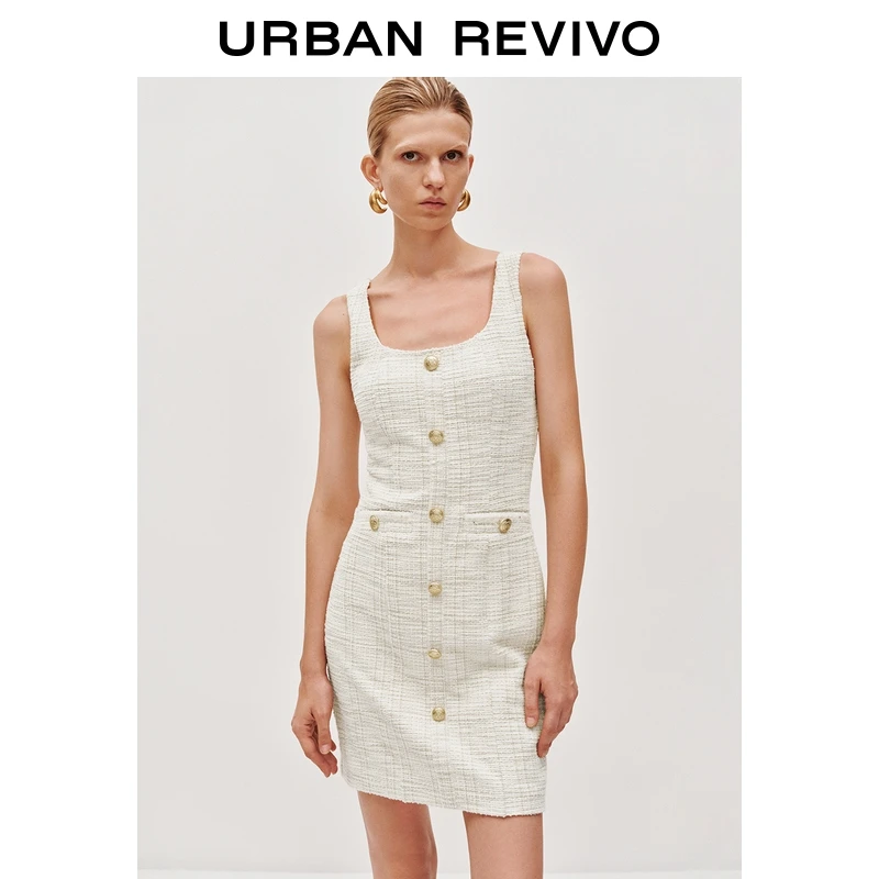 UR2025秋季新款女装气质小香粗花呢金色扣饰连衣裙UWM750129+