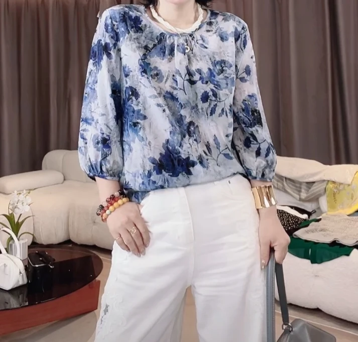女士夏季水墨提花桑蚕丝双绉圆领衬衫/2012