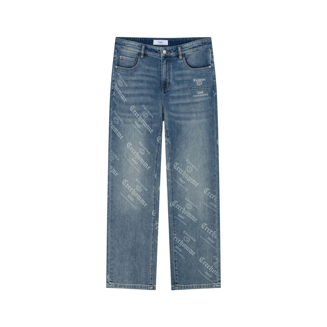 CRCR男款薄款夏季复古做旧刺绣印花休闲直筒宽松水洗蓝色牛仔裤