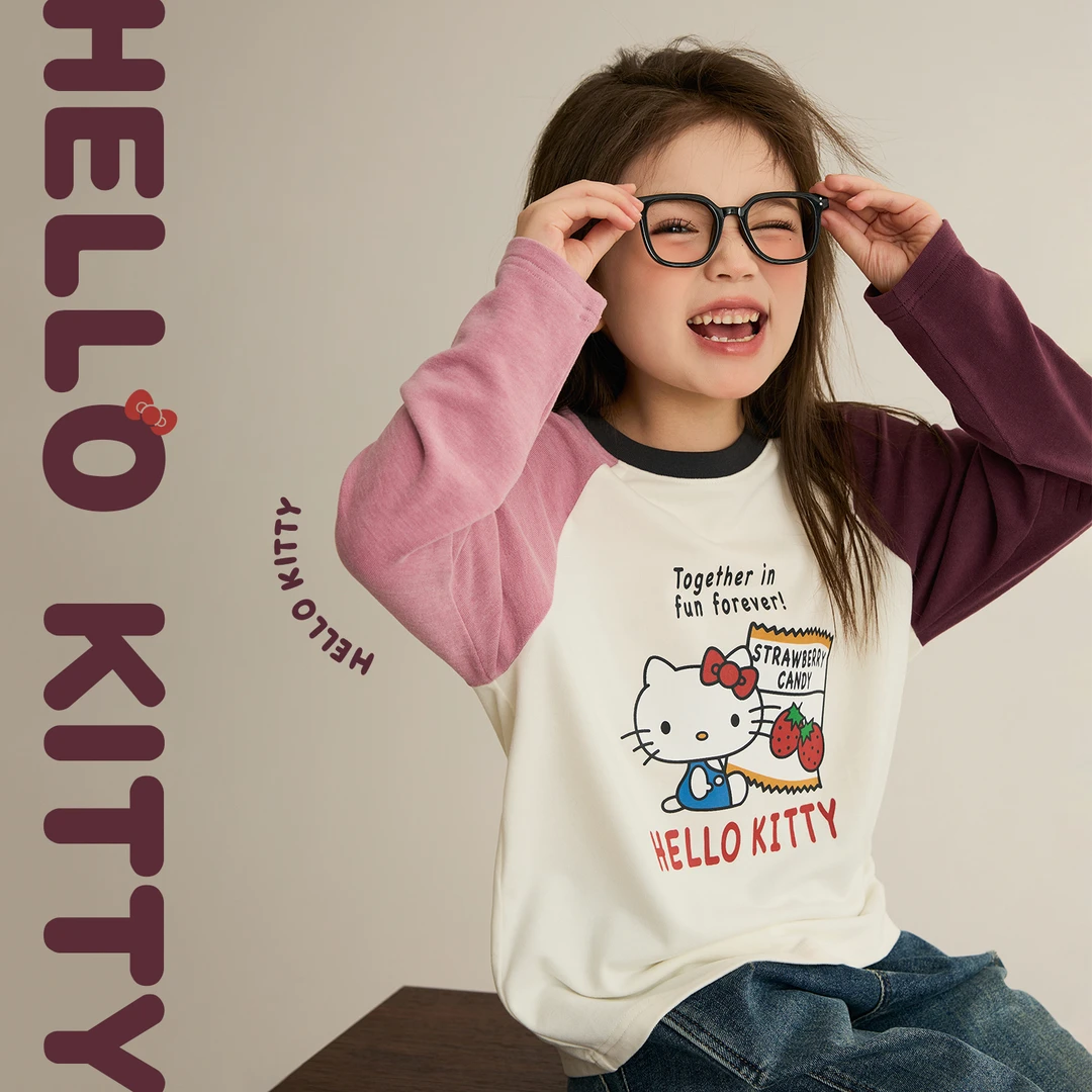 辰辰妈【蒙脸猫】女童秋装插肩袖T恤儿童正版kitty猫印花上衣8394XH