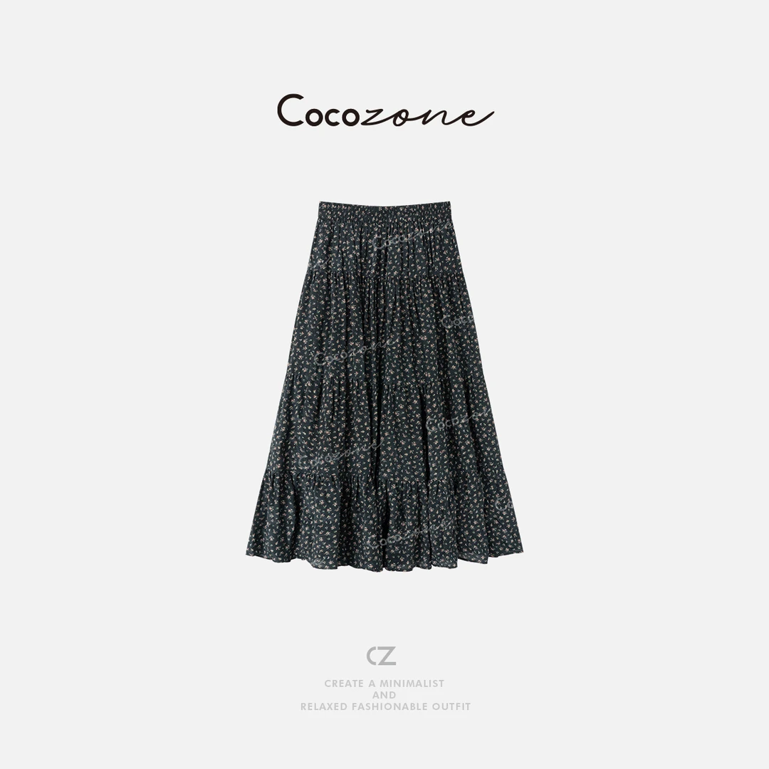 COCO ZONE 刘一一 新款垂感A字松紧腰碎花半身裙CD1A0593