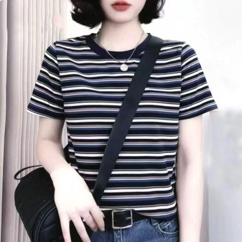 2025新款夏季条纹短袖t恤女大码显瘦中老年妈妈小衫宽松遮肚上衣