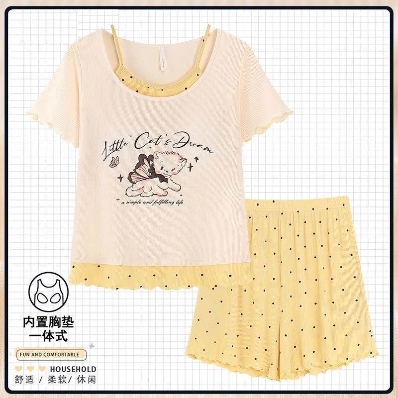 夏季新款蝴蝶猫咪假两件短袖带胸垫睡衣薄款家居服可爱透气女套装