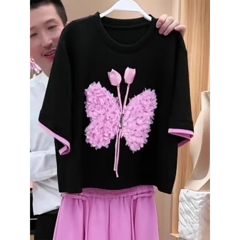 休闲宽松时尚气质穿搭黑色短袖上衣2025夏款正肩百搭显瘦t恤蝴蝶