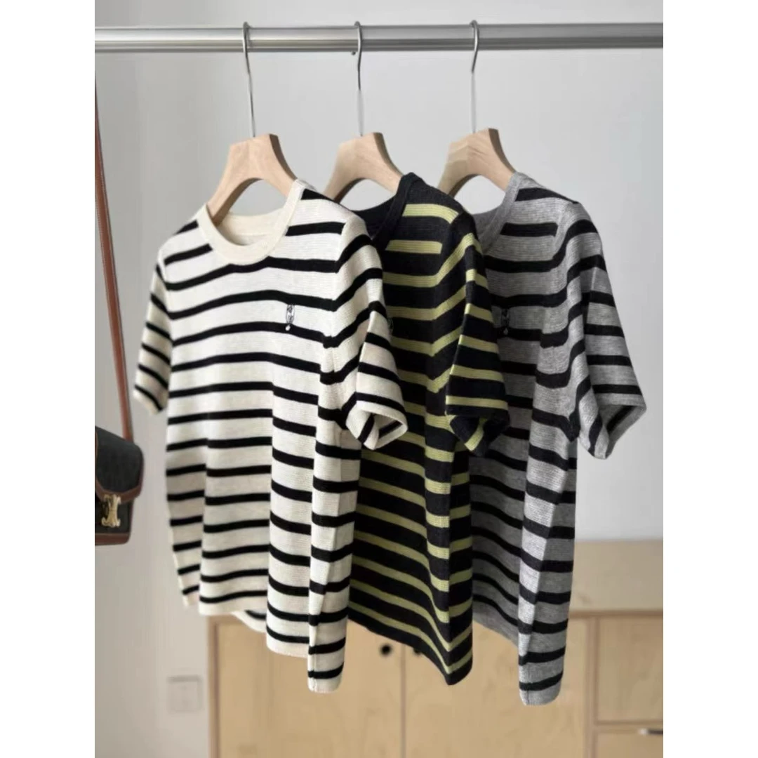 【美久仟】真丝羊毛系列！桑蚕丝绵羊毛玫瑰花圆领条纹针织短袖女夏