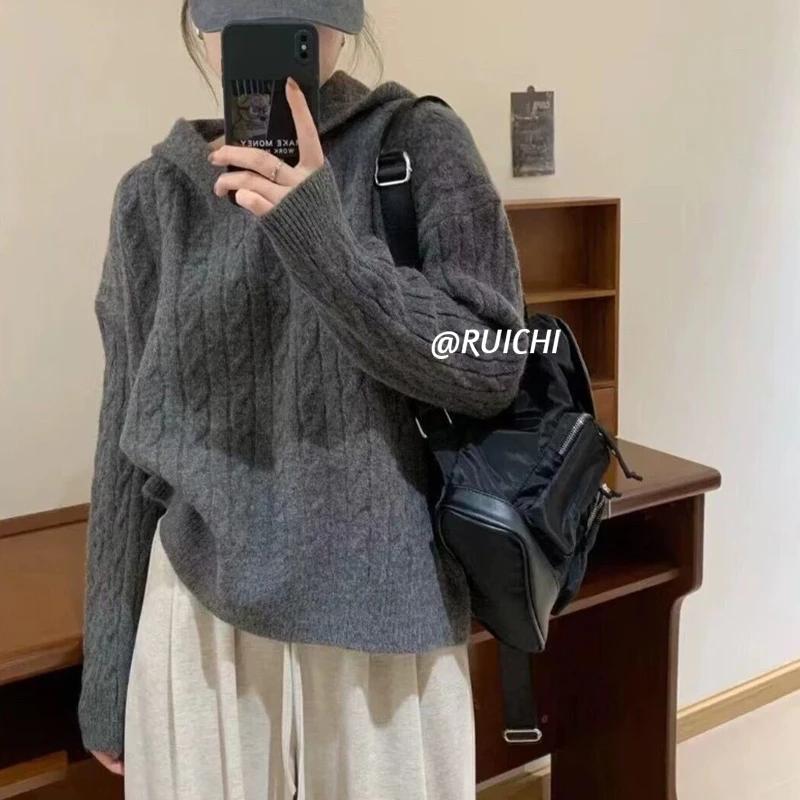慵懒风2025早秋新款软糯纯色麻花连帽毛衣宽松针织衫上衣女