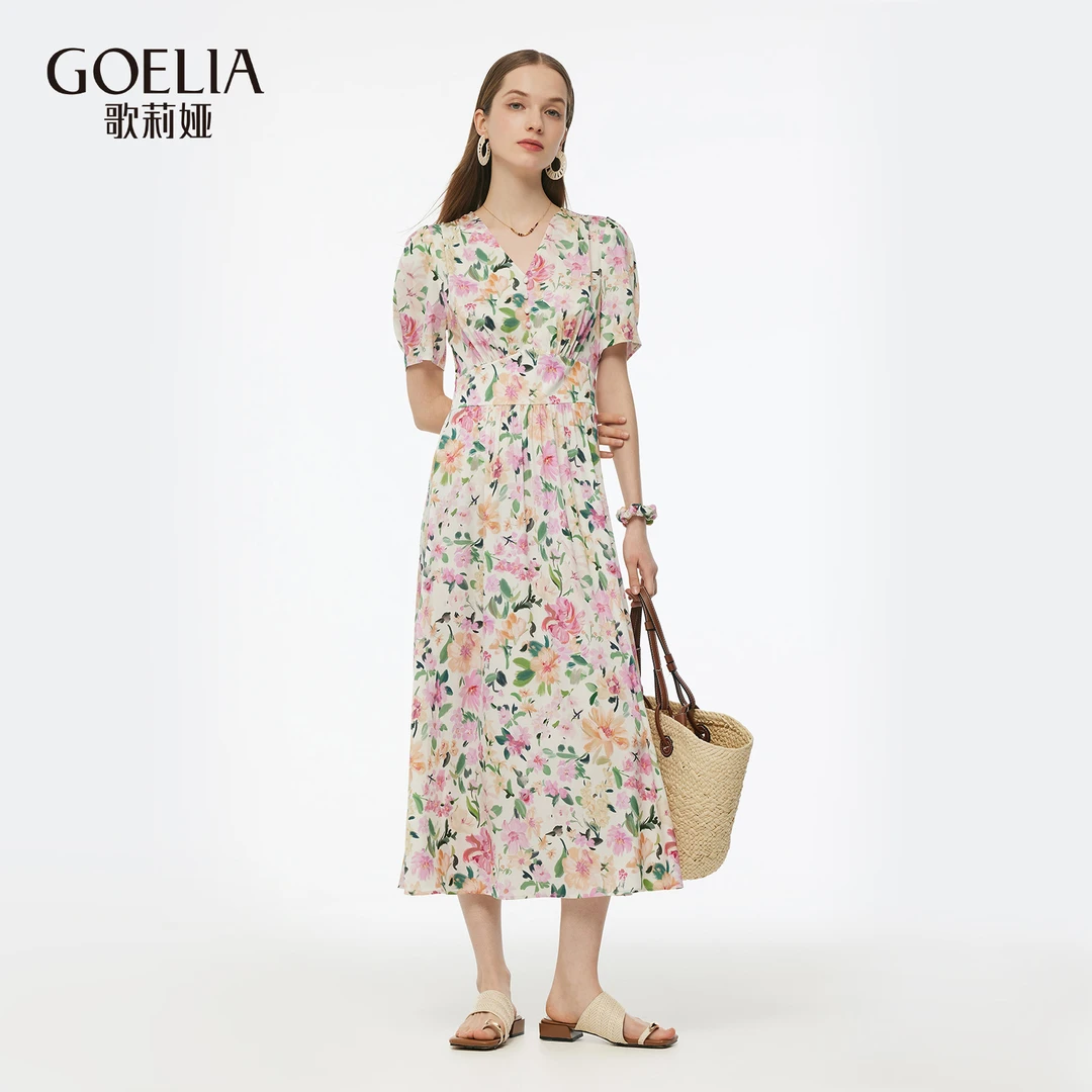 【花仙子】歌莉娅夏季桑蚕丝连衣裙配发饰碎花度假风甜美1E5L4K0J0