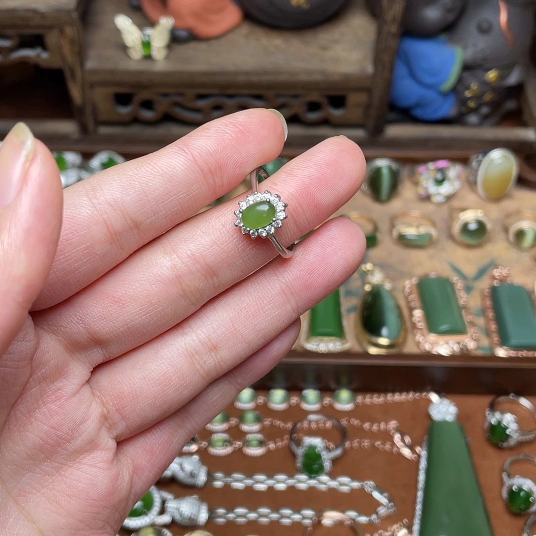 和田玉（碧玉）银S925镶嵌吊坠(不含链)戒指