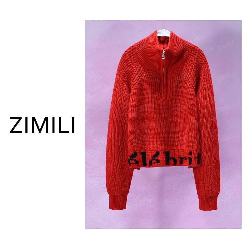 【亮哥女装】2025秋冬新品《春红》红色粗织半拉链高领毛衣5003